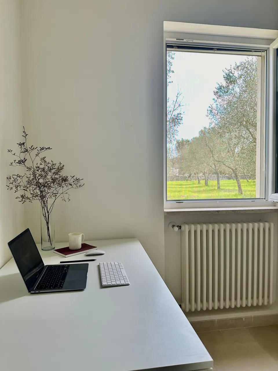Desk by a window overlooking the olive grove